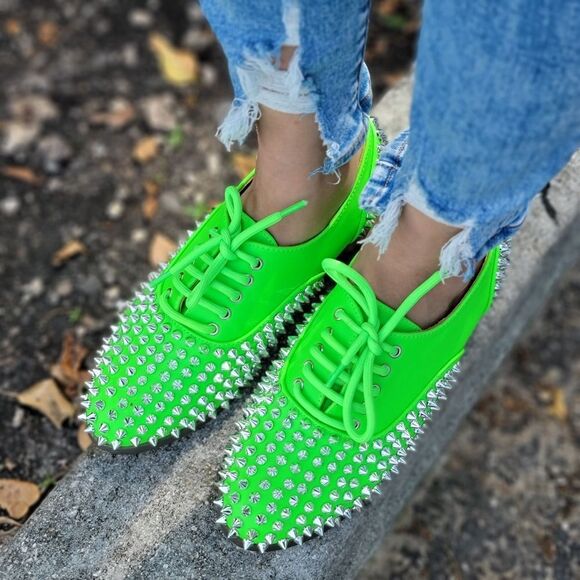 Women's Neon Green Silver Studded Lace Up Flat Oxford Shoes - Picture 2 of 5
